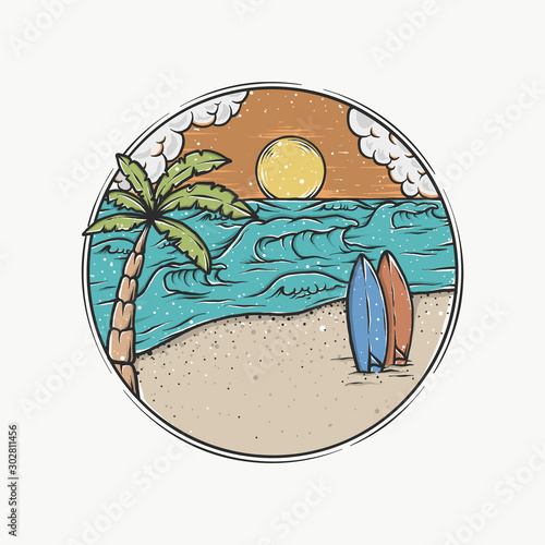 Handdrawn vintage sunset beach vector illustration