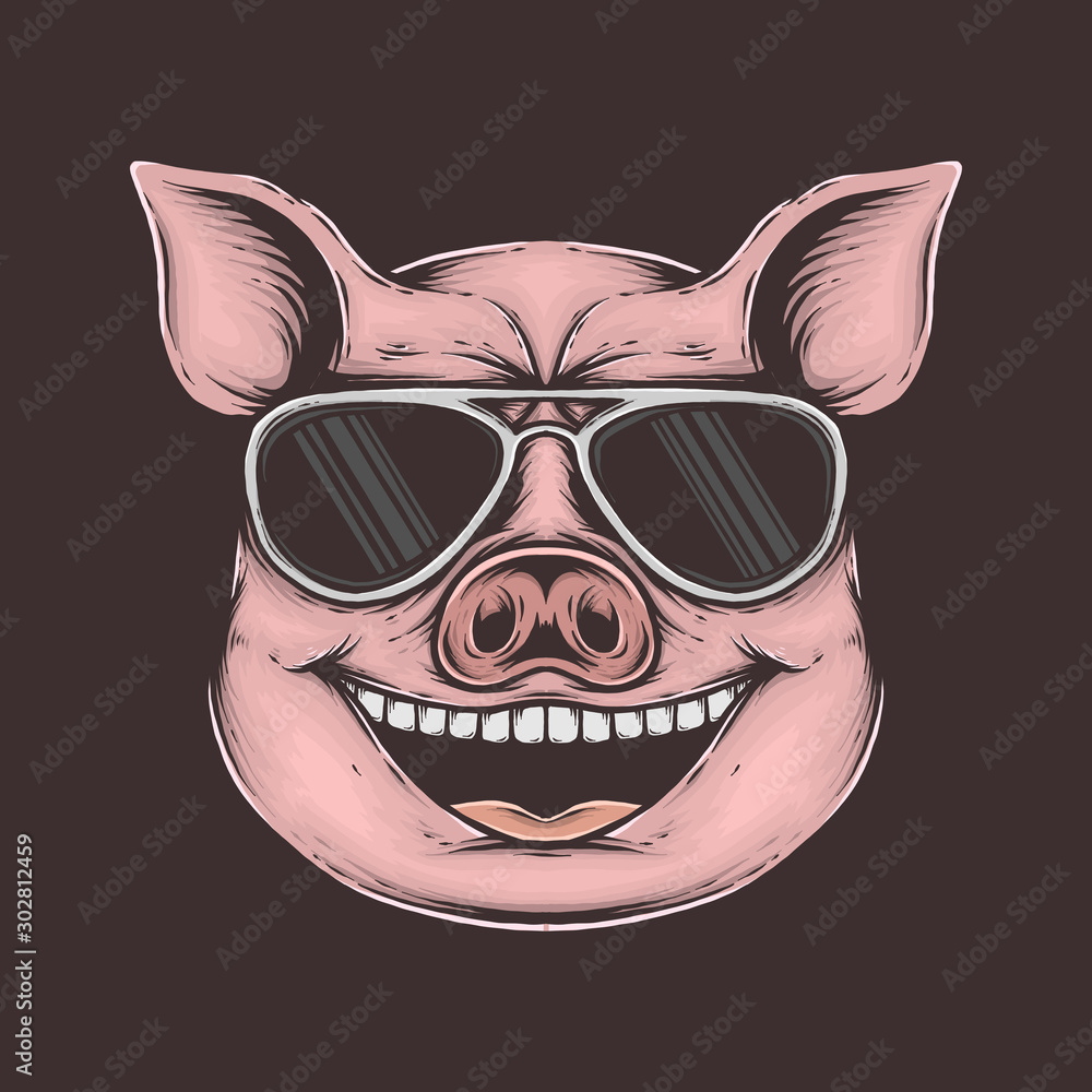 Hand drawing vintage funky pig vector illustration