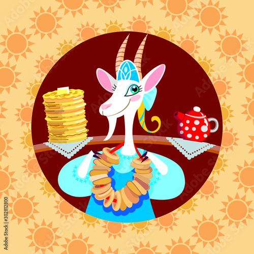 Goat and pancakes, Russian Maslenitsa, vector illustration
