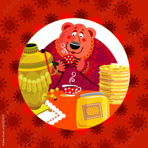 bear and pancakes, Russian Maslenitsa, vector illustration