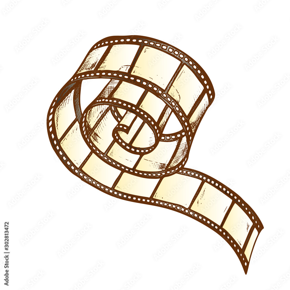 Film Strip Roll For Video Camera Color Vector. Blank Old Film Reel In Spiral Curl. Operator Accessory For Make Movie Engraving Template Hand Drawn In Vintage Style Illustration
