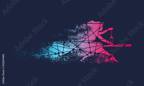 Illustration of flying young witch icon composed of particles. Witch silhouette on a broomstick. Lamp in hand. Halloween relative image.