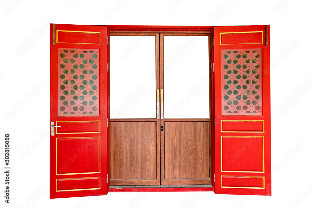 red wooden door of chinese style isolated on white background,clipping path