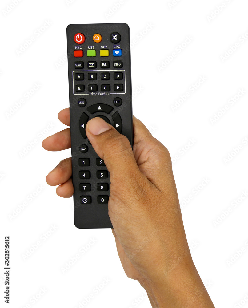 Hand holding black multimedia television remote control isolated on white  background. Photos | Adobe Stock