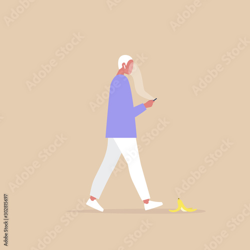 Modern lifestyle, Millennial male character addicted to a smartphone stepping on a banana peel