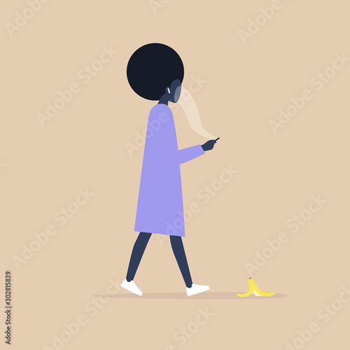 Modern lifestyle, Millennial black female character addicted to a smartphone stepping on a banana peel