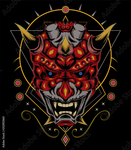 Japanese Demon's mask tattoo design. kabuki illustration. red devil face illustration. vector head of red demon. japanese demon mask