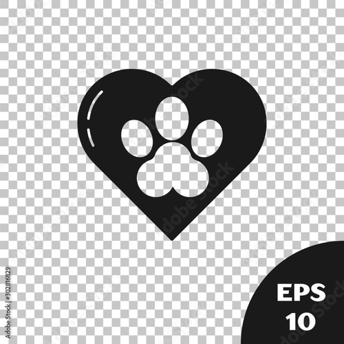 Black Heart with animals footprint icon isolated on transparent background. Pet paw in heart. Love to the animals. Vector Illustration