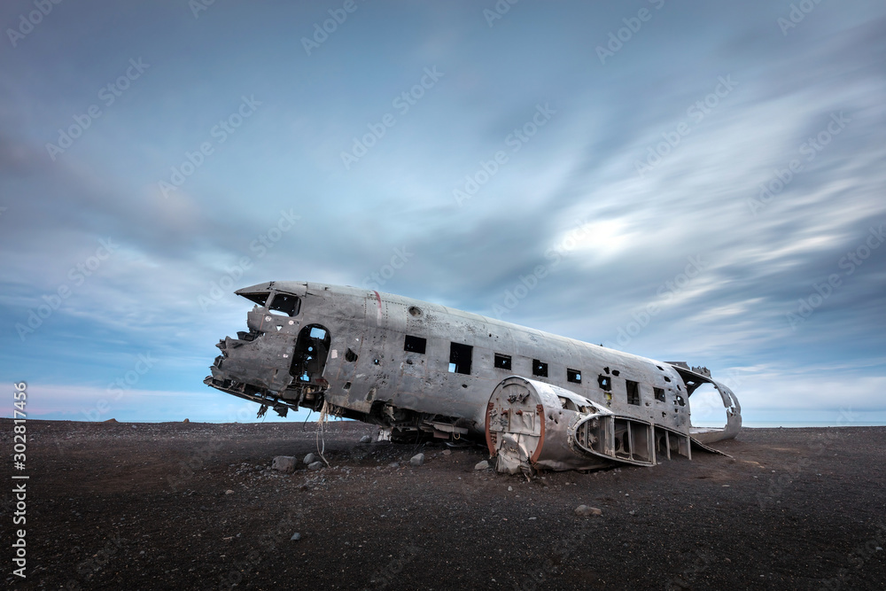 Abandoned plane wreck on the black sand beach Sólheimasandur in the South Iceland Abandoned plane wreck on the black sand beach Sólheimasandur in the South Iceland