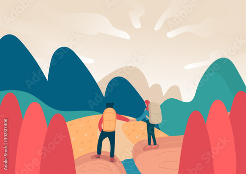 young backpacker couple on travel trip looking to mountain, journey male and female or man and woman standing on landscape background. cartoon flat vector illustration style.
