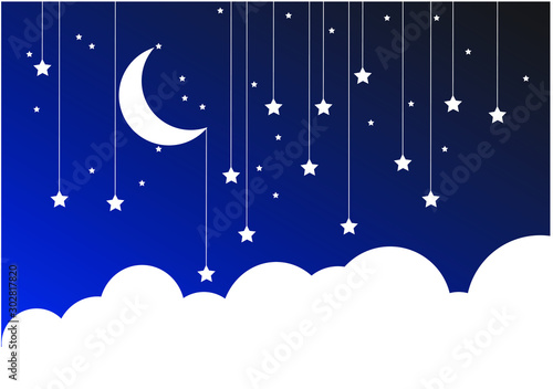 Night Sky Paper Clouds  Stars  Moon on String. Blue background with clouds. Place for your text.