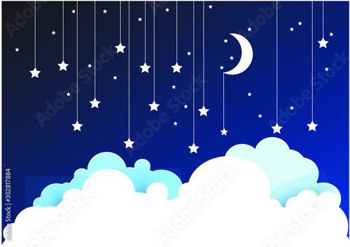 Night Sky Paper Clouds  Stars  Moon on String. Blue background with clouds. Place for your text.