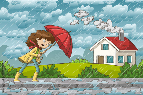 Woman walks trough the rain. Hand drawn vector illustration with separate layers.