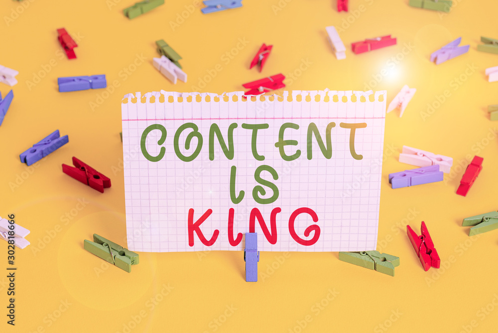 Handwriting text Content Is King. Conceptual photo words what sells products and provide good marketing Colored clothespin papers empty reminder yellow floor background office Handwriting text Content Is King. Conceptual photo words what sells products and provide good marketing Colored clothespin papers empty reminder yellow floor background office