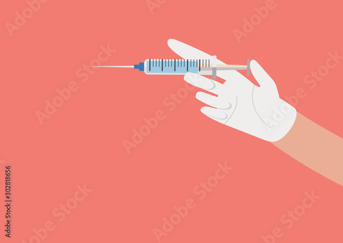 Medical flu vaccination shot concept of doctor holding syringe. cartoon flat vector illustration style.