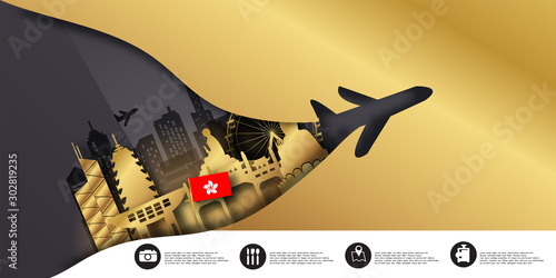 Hong Kong Travel postcard, poster, tour advertising of world famous landmarks in paper cut style. Vectors illustrations