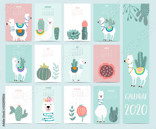 Doodle animal calendar 2020 set with llama,lama,alpaca for children.Can be used for printable graphic.Editable element