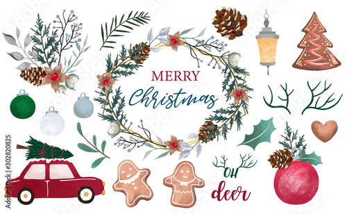 Watercolor Christmas object collection with pine cone,car,wreath,light.Vector illustration for icon,logo,sticker,printable