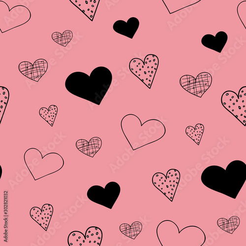 Heart Filled, Heart doodles, Vector seamless pattern with Valentines day hearts on pink background. Surface Pattern Design