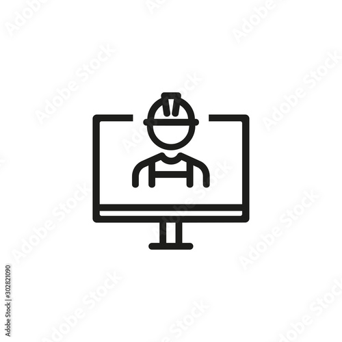 IT engineer thin line icon. Technical support, worker in helmet, monitor isolated outline sign. Engineering people concept. Vector illustration symbol element for web design and apps