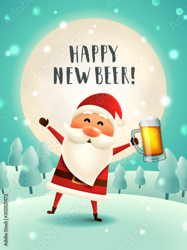 New year beer greeting card. Drunk Santa with craft beer mug in the moonlight. WInter forest background. Christmas poster for a bar or holiday invitation.