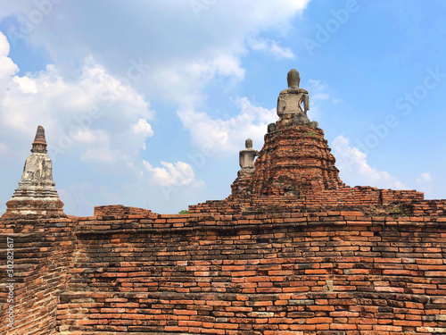Old pagoda and two buddha statuses  in Ayutthaya Thailand
