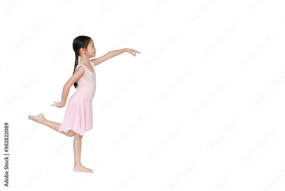 Asian little child girl dancer ballet ballerina stretching isolated on white background with copy space. Beautiful children in pink tutu skirt. Asian little child girl dancer ballet ballerina stretching isolated on white background with copy space. Beautiful children in pink tutu skirt.