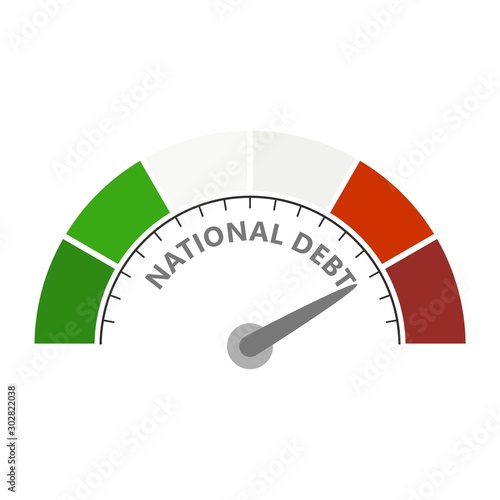 Cholesterol meter read high level of national debt result. Color scale with arrow from red to green. The measuring device icon. Colorful infographic gauge element. National flag of Italy