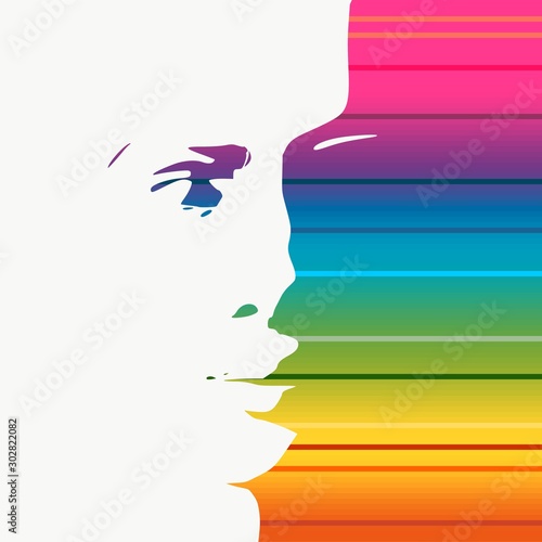 Face front view. Elegant silhouette of a female head. Portrait of a happy smiled woman. Gradient paint horizontal lines