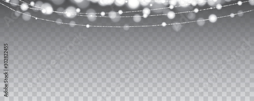 Christmas party lights hanging isolated on transparent background. Use for cover, design element, banner.