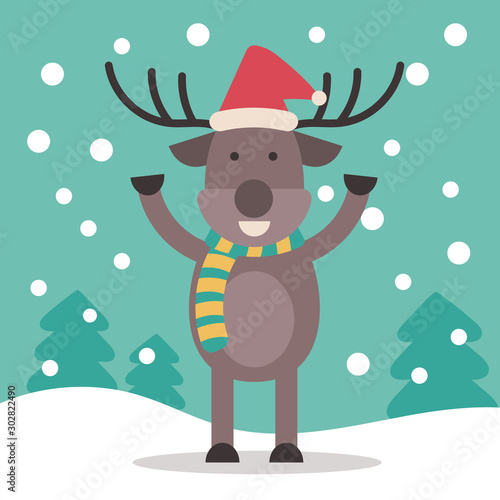 character of reindeer with Santa Claus hat on snowfall background, Merry Christmas theme. cartoon flat vector illustration.