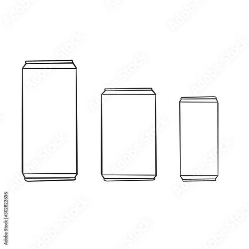 hand drawn aluminum cans. Blank line art can drink beer soda water juice packaging empty mock up doodle container vector template