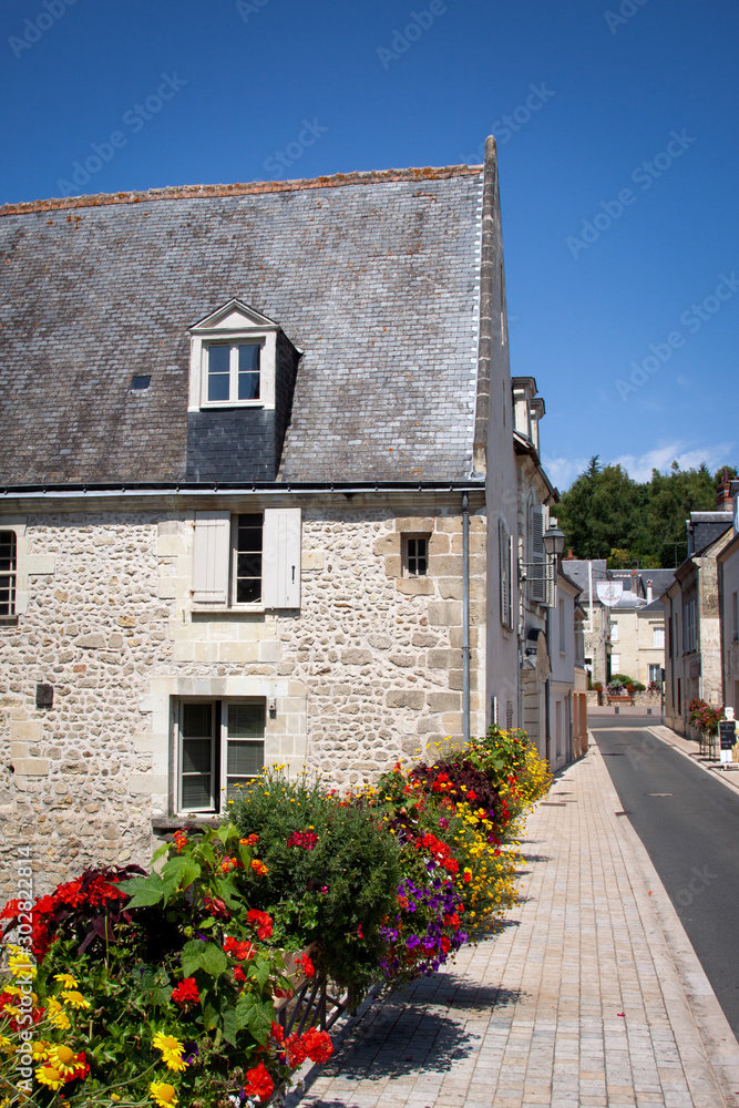 Colorful flowers and picturesque street and house in the Loire Valley, France