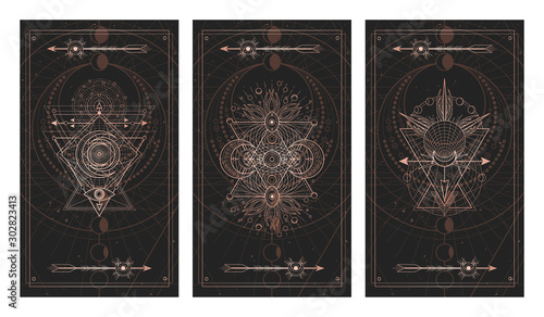 Vector set of three dark backgrounds with sacred symbols, grunge textures and frames. Illustration in black and gold colors.