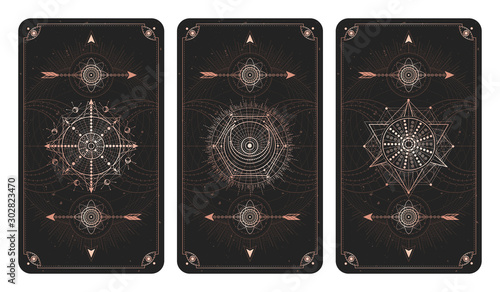 Vector set of three dark backgrounds with sacred symbols, grunge textures and frames. Illustration in black and gold colors.
