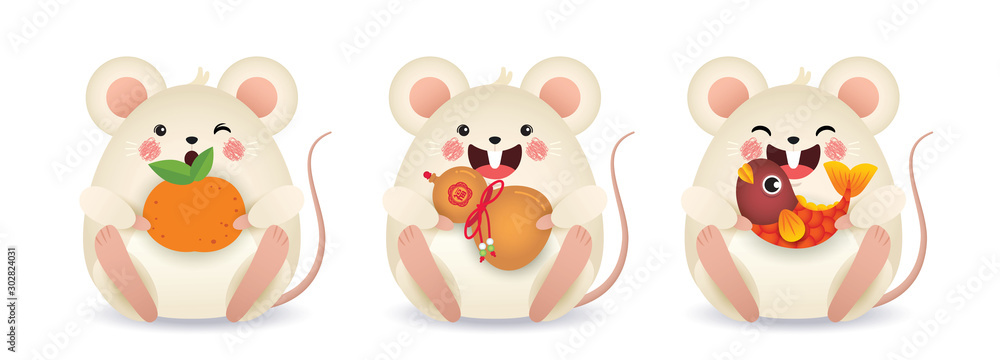 Naklejka premium 2020 year of the rat illustration. Set of cute cartoon mouse holding tangerine, chinese bottle gourd & koi fish isolated on white background. Chinese New Year icon or item. (translation: blessing)