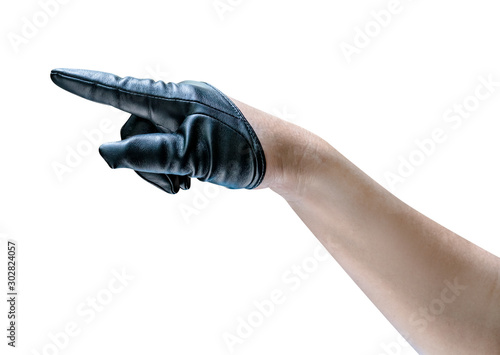 Hand in black leather glove isolated on white background ,include clipping path