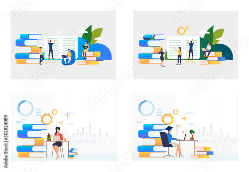 Set of images of professional people redacting info materials. Correction, office, specialists. Vector illustration with redaction concept for banner, website design or landing web page