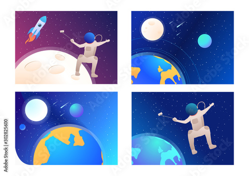Set of cosmonauts taking pictures. Flat vector illustrations of astronauts making selfies in outer space. Space concept for banner, website design or landing web page