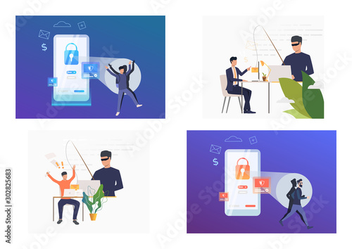 Set of hackers fishing data. Flat vector illustrations of hackers breaking private info. Data protection concept banner, website design or landing web page
