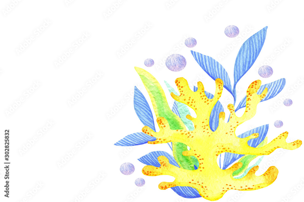 Fototapeta premium wysokiej jakości zestaw akwareli podwodne obiekty życia żółte korale