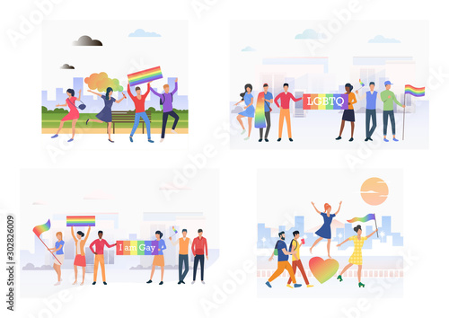 Set of people participating in gay pride parade. Flat vector illustrations of homosexuals with rainbow flags. LGBT concept for banner, website design, landing web page