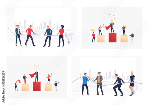 Set of workers winning awards. Flat vector illustrations of colleagues rewarding. Teamwork concept for banner, website design or landing web page
