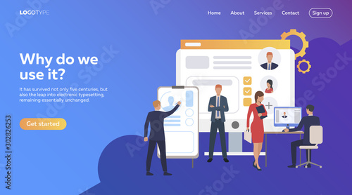 Business people picking up staff of potential workers. Development, optimization, teamwork. Flat illustration. Recruitment concept for banner, website design or landing web page