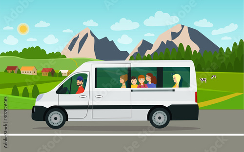 Minivan with passengers on the background of a country landscape. Vector flat style illustration.