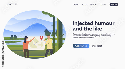Vector illustration of people discussing route of travel. Travel, tourism, nature. Travelling concept for banner, website design or landing web page
