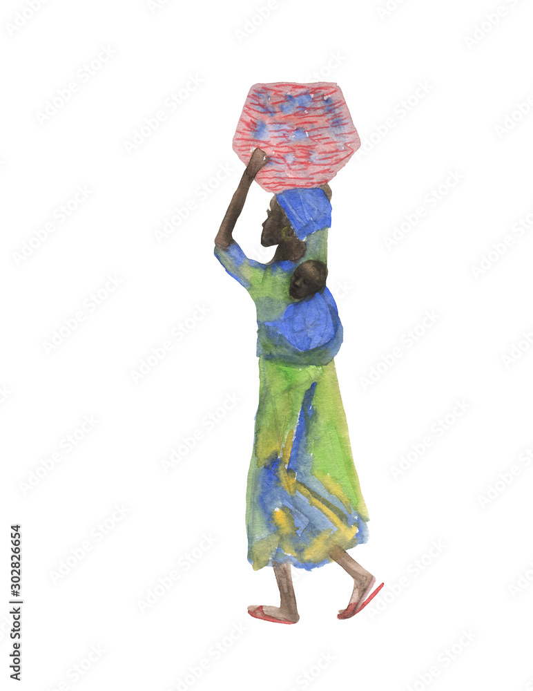 watercolor painting a woman with a basket. and baby . Africa collection