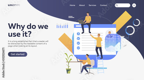 Business people working with information on computers. Chart, data, management flat vector illustration. Business concept for banner, website design or landing web page