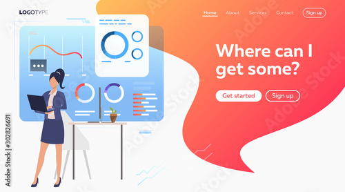 Business woman analyzing financial data charts. Consulting, analytics, analysis flat vector illustration. Business concept for banner, website design or landing web page