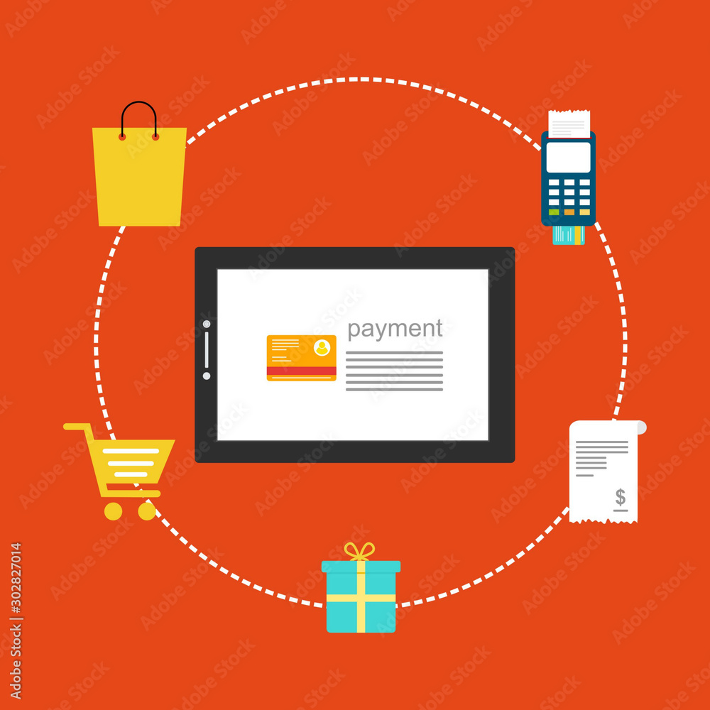 Online payment on tablet pc vector illustration. Business concept for M-Commerce, easy to use and highly customizable. Modern vector illustration concept, isolated on colored background Online payment on tablet pc vector illustration. Business concept for M-Commerce, easy to use and highly customizable. Modern vector illustration concept, isolated on colored background